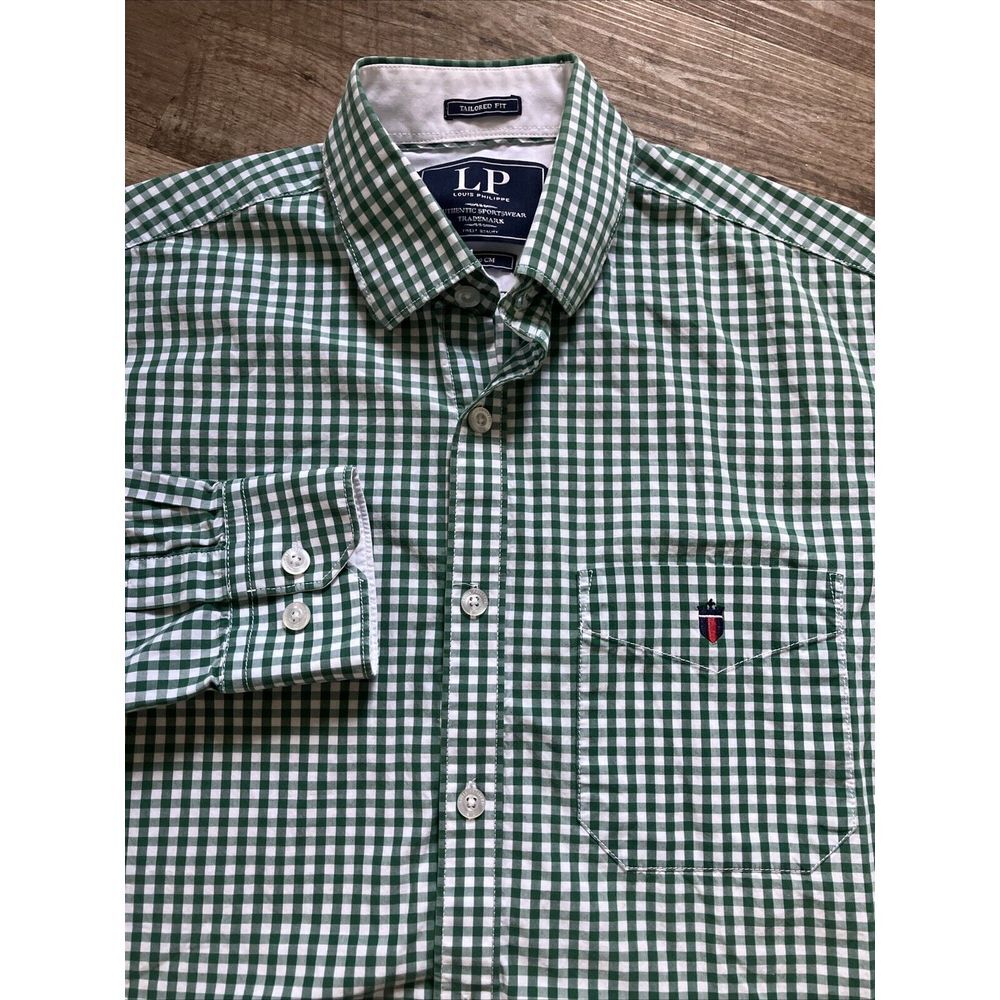 Louis Philippe Mens‎ Green Gingham Button Down Shirt Tailored Jermyn Size 40CM